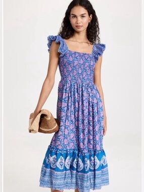 Mille Resort & Travel Floral Blue Midi Olympia Dress Fluttery Sleeves Small $268